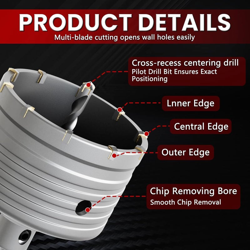 CSOOM Concrete Hole Saw 2-5/32" (55mm) with 220mm SDS Plus Shank Connecting Rod, Carbide Cement Hole Saw for Concrete Cement, Brick Wall Stone - Image 3